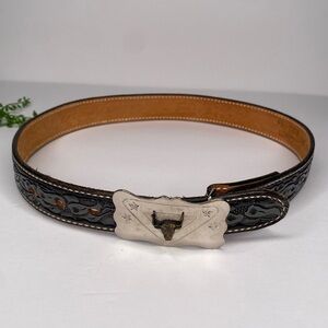 DunDee Full Grain Cowhide Embossed Leather Belt Black With Silver Buckle Size 28